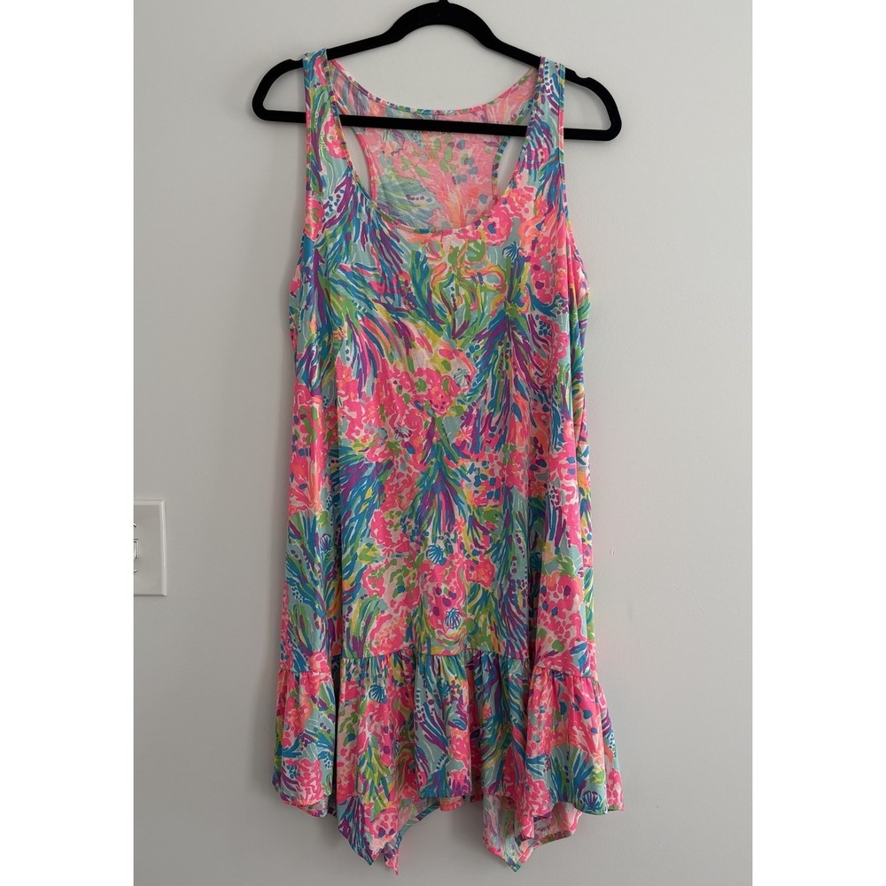 LILLY PULITZER Hampton Fan Sea Tank Dress Racerback Sleeveless Ruffle-Hem Sz L